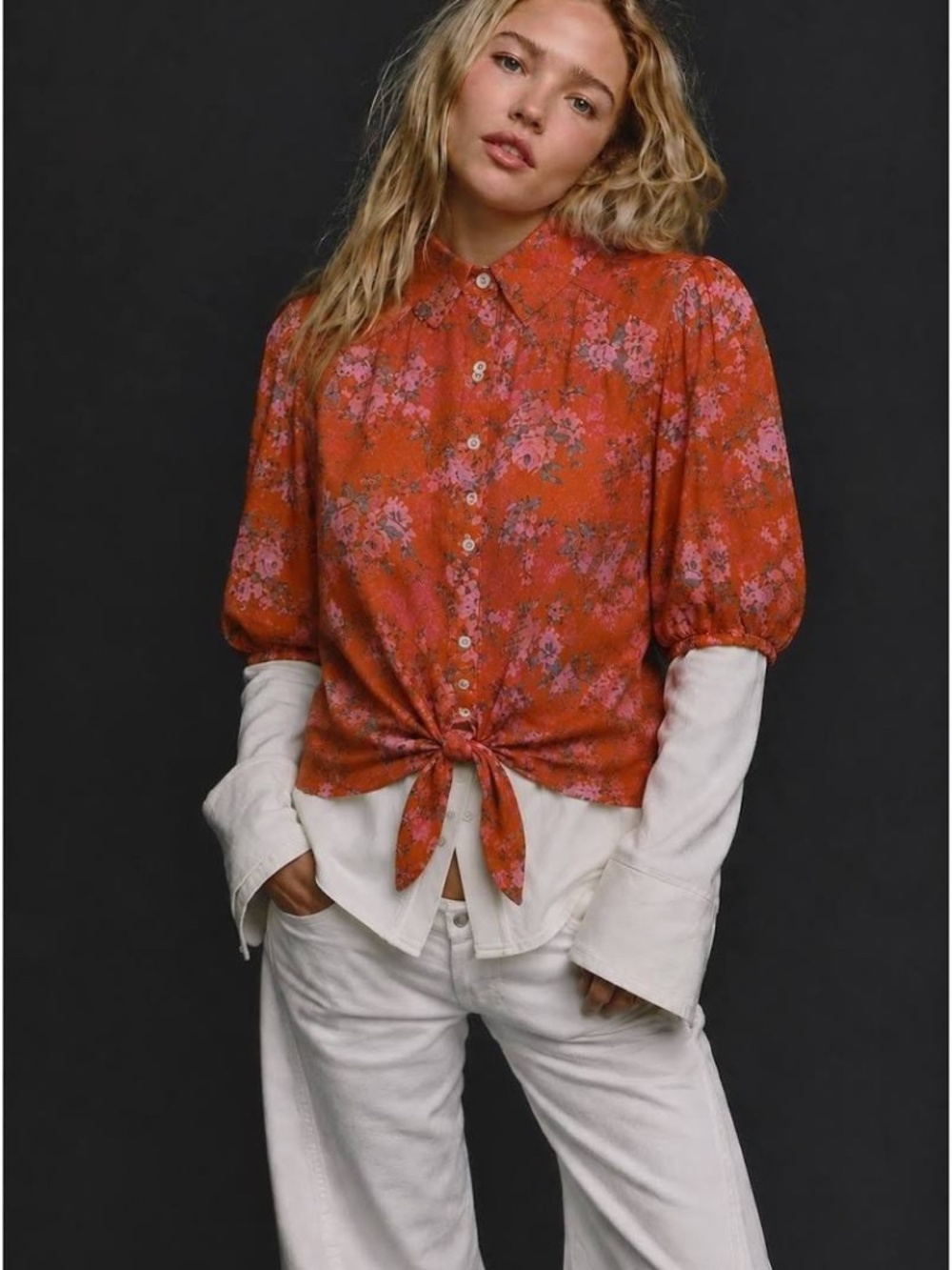 Free People Celia Tie Front Orange Floral Button-Tie Blouse